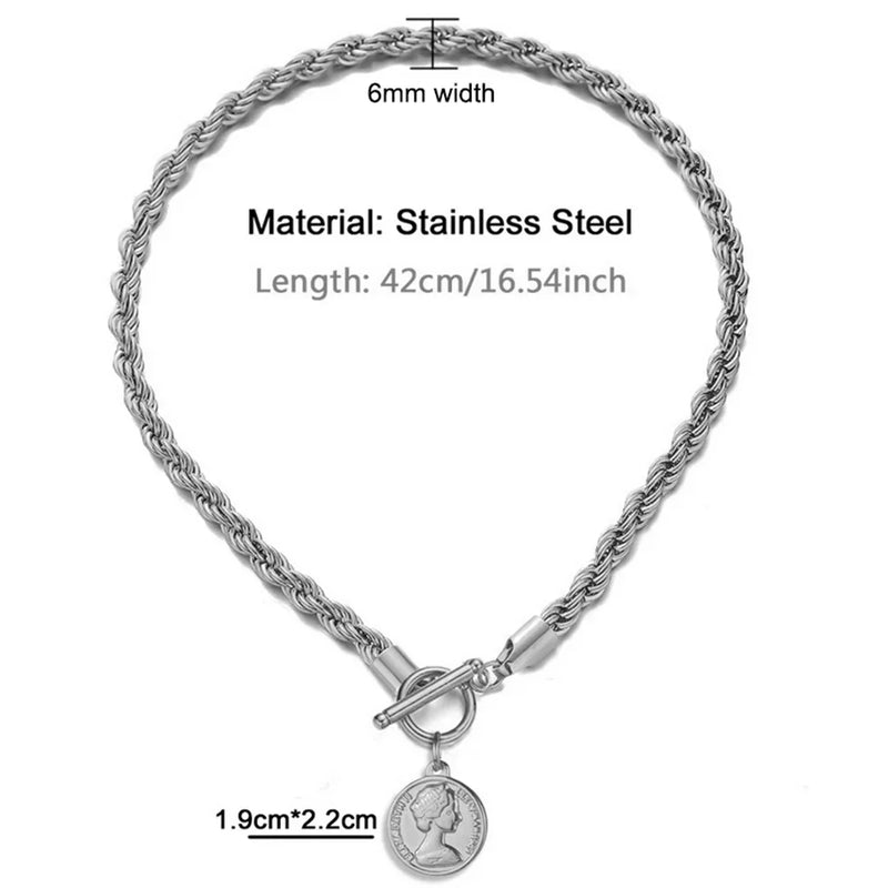Stainless Steel Rope Chain Coin Pendant Necklace