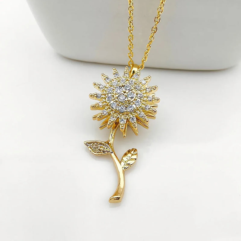 Rotatable Spinning Sunflower Necklace Zircon Crystal Clavicle Chain