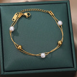 Stainless Steel Round Bead Pearl Bracelet for Women Charm Multilayer Chain