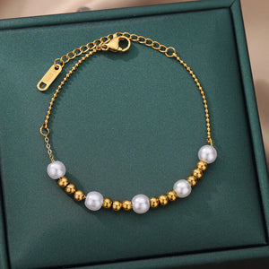 Stainless Steel Round Bead Pearl Bracelet for Women Charm Multilayer Chain