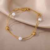 Stainless Steel Round Bead Pearl Bracelet for Women Charm Multilayer Chain