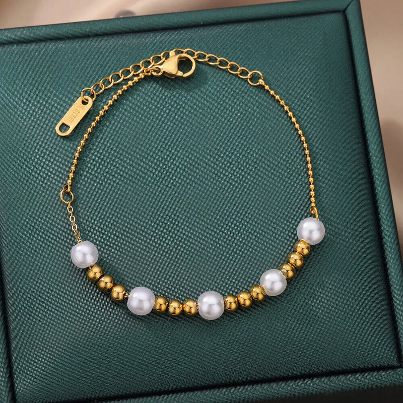 Stainless Steel Round Bead Pearl Bracelet for Women Charm Multilayer Chain
