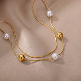 Stainless Steel Round Bead Pearl Bracelet for Women Charm Multilayer Chain
