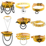 Stainless Steel Spike Choker Necklace Yellow PU Leather Collar