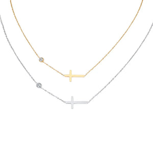 Stainless Steel Sideways Cross Necklace with CZ Chain Pendant