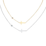 Stainless Steel Sideways Cross Necklace with CZ Chain Pendant