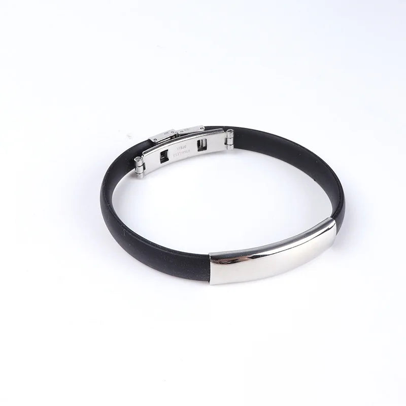 Stainless Steel Silicone Bangle Blank Engrave Black/Silver Plate Bracelet