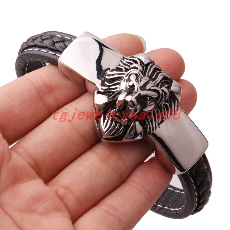 Stainless Steel Silver Lion Head Bracelet Men's Magnet Clasp