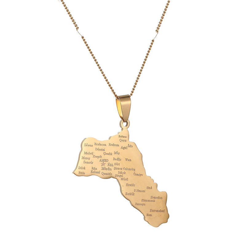 Stainless Steel Kurdistan Map Pendant Necklaces Kurdish Cities Chain Jewelry