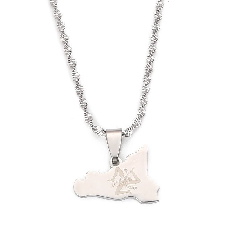 Stainless Steel Sicilia Map Necklace Pendant Italian Charm