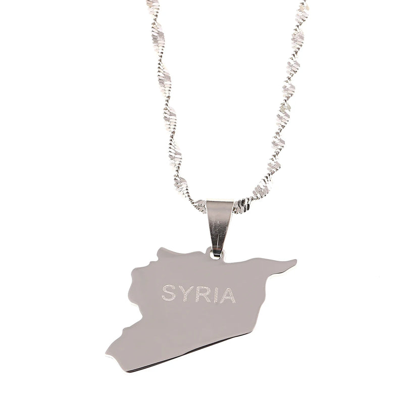 Stainless Steel Silver Syria Map Pendant Necklace Syrians Maps Jewelry