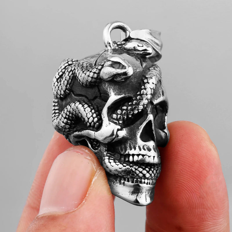 Stainless Steel Skull and Snake Necklace - Punk Neo-Gothic Sweater Chain