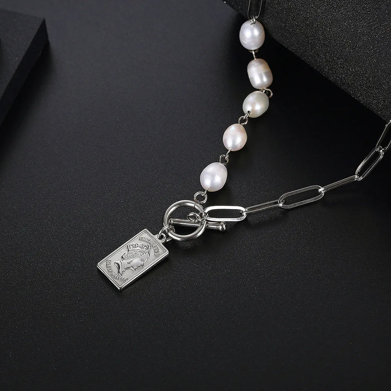 Stainless Steel Square Queen of Egypt Pearl Pendant Necklace