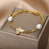 Stainless Steel Star Moon Bracelet Zircon Pearl Chain Party Jewelry