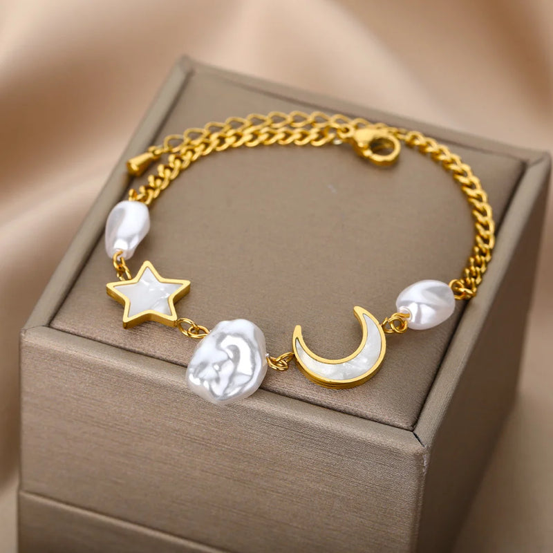 Stainless Steel Star Moon Bracelet Zircon Pearl Chain Party Jewelry