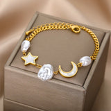 Stainless Steel Star Moon Bracelet Zircon Pearl Chain Party Jewelry