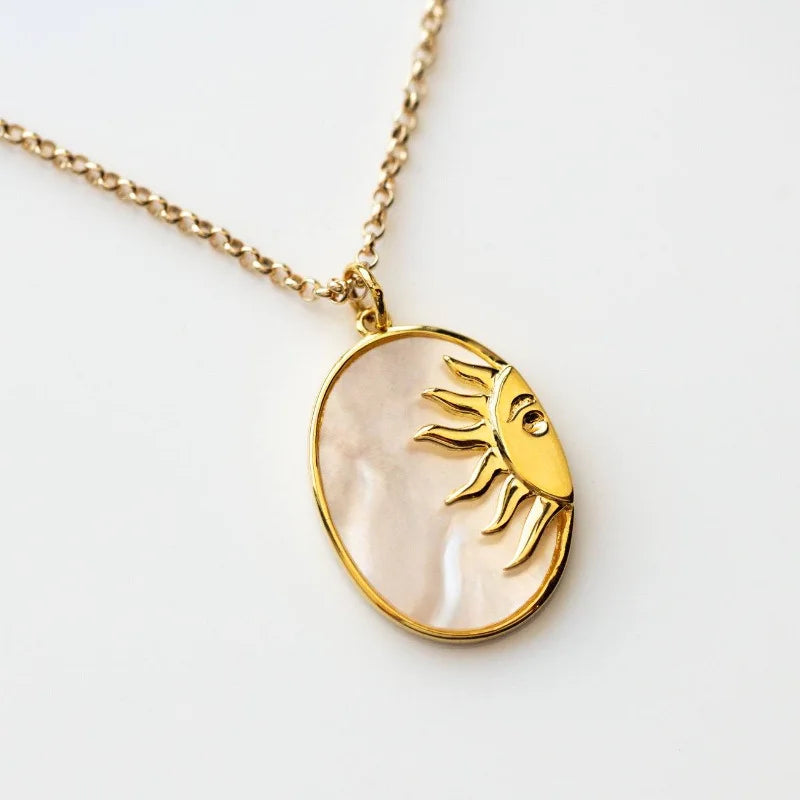 Stainless Steel Sun Pendant Necklace Natural Shell Round Collar Jewelry