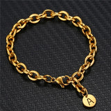 Stainless Steel Thick Chain Round Disc Initial Letters Bracelet