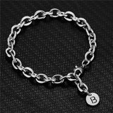 Stainless Steel Thick Chain Round Disc Initial Letters Bracelet