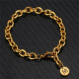 Stainless Steel Thick Chain Round Disc Initial Letters Bracelet