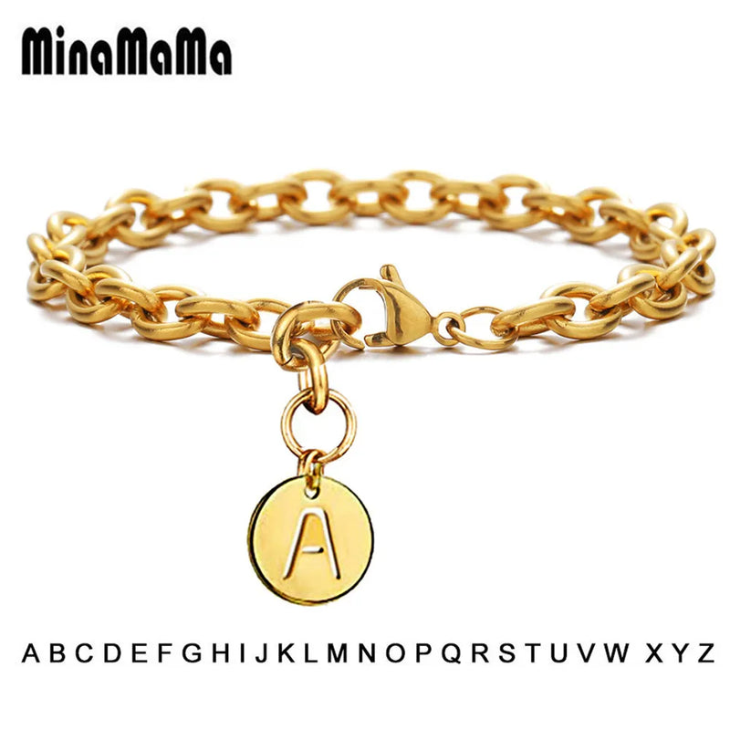Stainless Steel Thick Chain Round Disc Initial Letters Bracelet