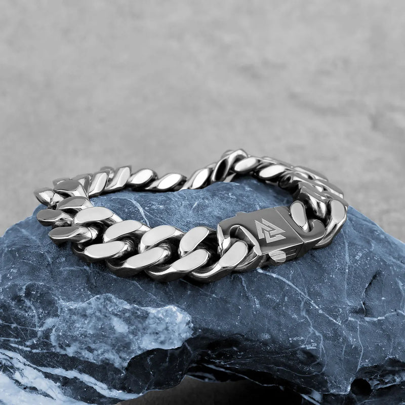 Men's Stainless Steel Cuban Chain Bracelet Norse Valknut Rune Amulet Bangle