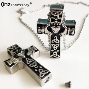 Tibetan Vintage Cross Heart Pet Cremation Ashes Urn Necklace