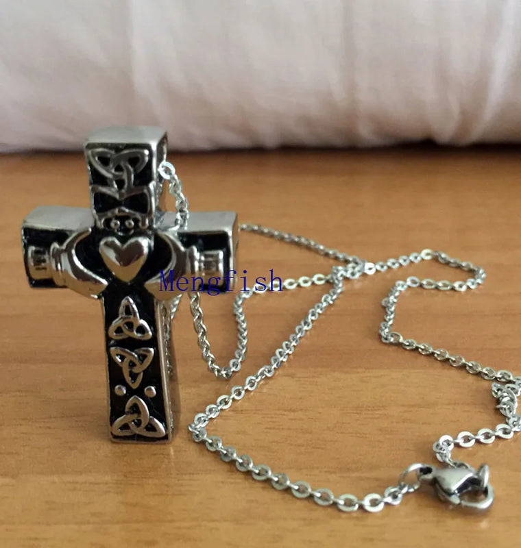 Tibetan Vintage Cross Heart Pet Cremation Ashes Urn Necklace