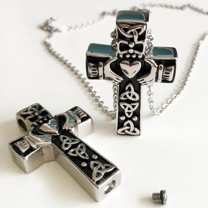 Tibetan Vintage Cross Heart Pet Cremation Ashes Urn Necklace