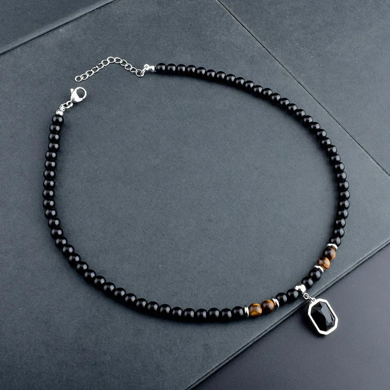 Steel Tiger Eye Crystal Pendant Necklace Men Natural Stone Strand Beaded
