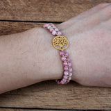 Stainless Steel Tree of Life Charm Bracelet with Rhodonite Stone Beads
