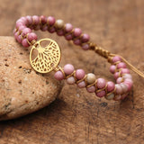 Stainless Steel Tree of Life Charm Bracelet with Rhodonite Stone Beads