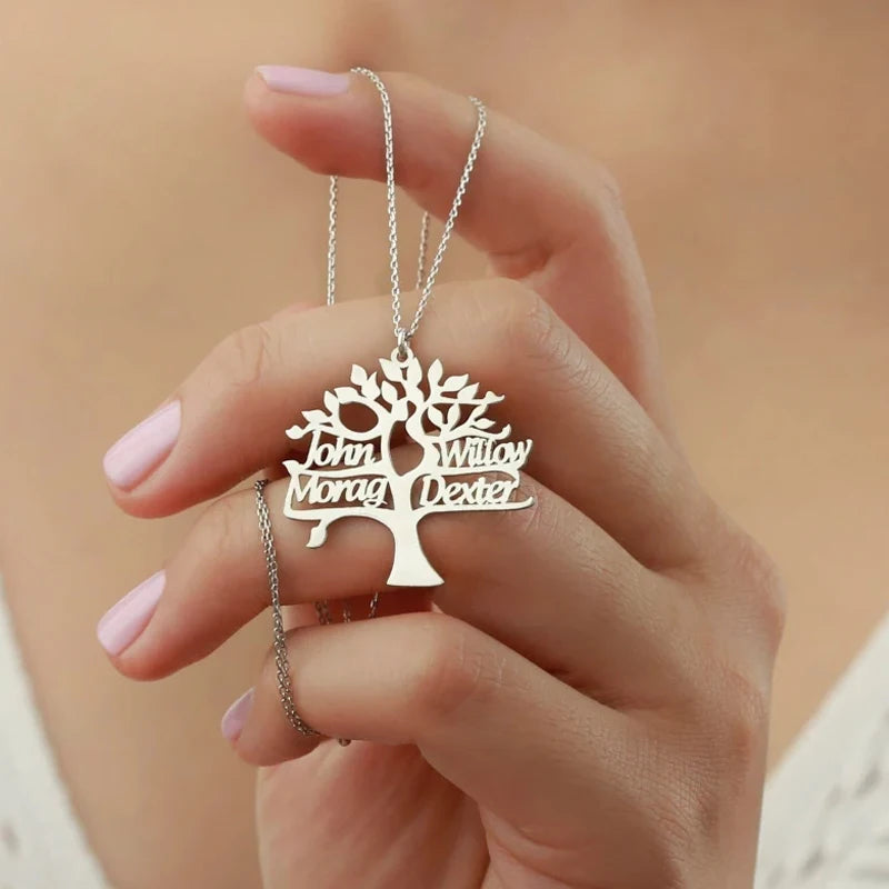 Stainless Steel Tree of Life Name Necklace Family Members Keepsake Pendant