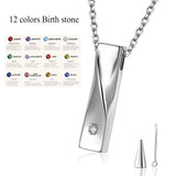 Stainless Steel Twist Bar Birth Stone Container Urn Pendant Necklace