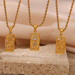 Zircon Moon Power Tarot Pendant Necklace Stainless Steel Twist Chain