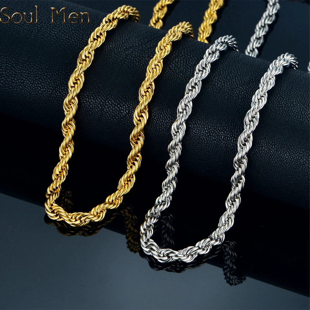 Stainless Steel Twist Rope Chain Necklace Silver 3-5mm