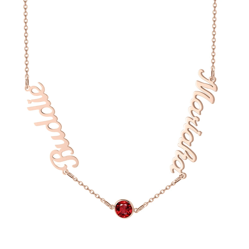 Custom Two Name Birthstone Necklace Stainless Steel Silver