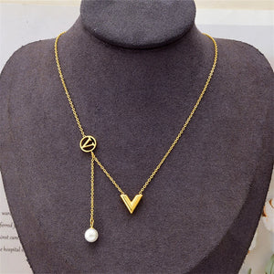 Stainless Steel V Letter Geometric Tassel Pearl Necklace