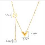 Stainless Steel V Letter Geometric Tassel Pearl Necklace