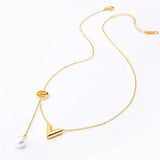 Stainless Steel V Letter Geometric Tassel Pearl Necklace