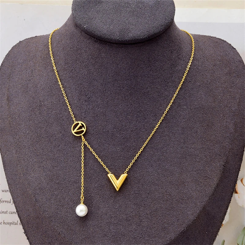 Stainless Steel V Letter Geometric Tassel Pearl Necklace