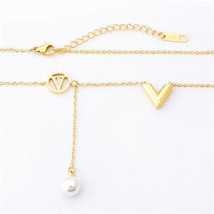 Stainless Steel V Letter Geometric Tassel Pearl Necklace