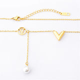 Stainless Steel V Letter Geometric Tassel Pearl Necklace
