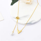 Stainless Steel V Letter Geometric Tassel Pearl Necklace