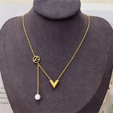 Stainless Steel V Letter Geometric Tassel Pearl Necklace