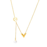 Stainless Steel V Letter Geometric Tassel Pearl Necklace