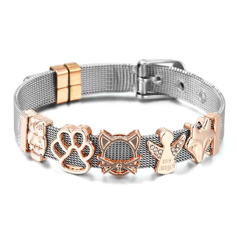 Stainless Steel Mesh Bracelet Micro Pave CZ Crystal Fairy Fox Charm Bracelet