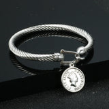 Stainless Steel Wire Bangle Queen Coin Bracelet
