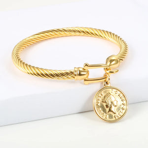 Stainless Steel Wire Bangle Queen Coin Bracelet