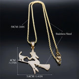 Stainless Steel Witch Broom Cat Magic Witchcraft Necklace for Women Men